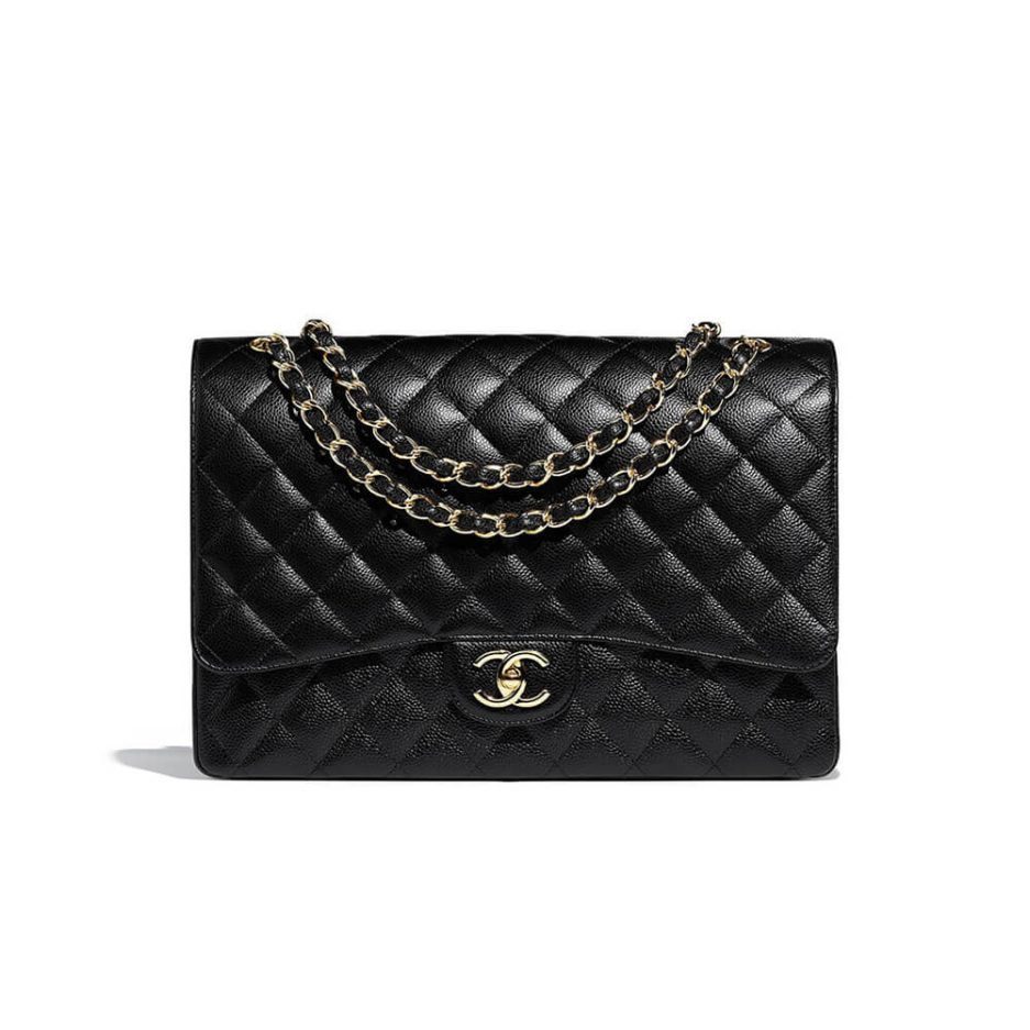 CHANEL Classic Maxi Handbag GRAINED CALFSKIN & GOLD METAL