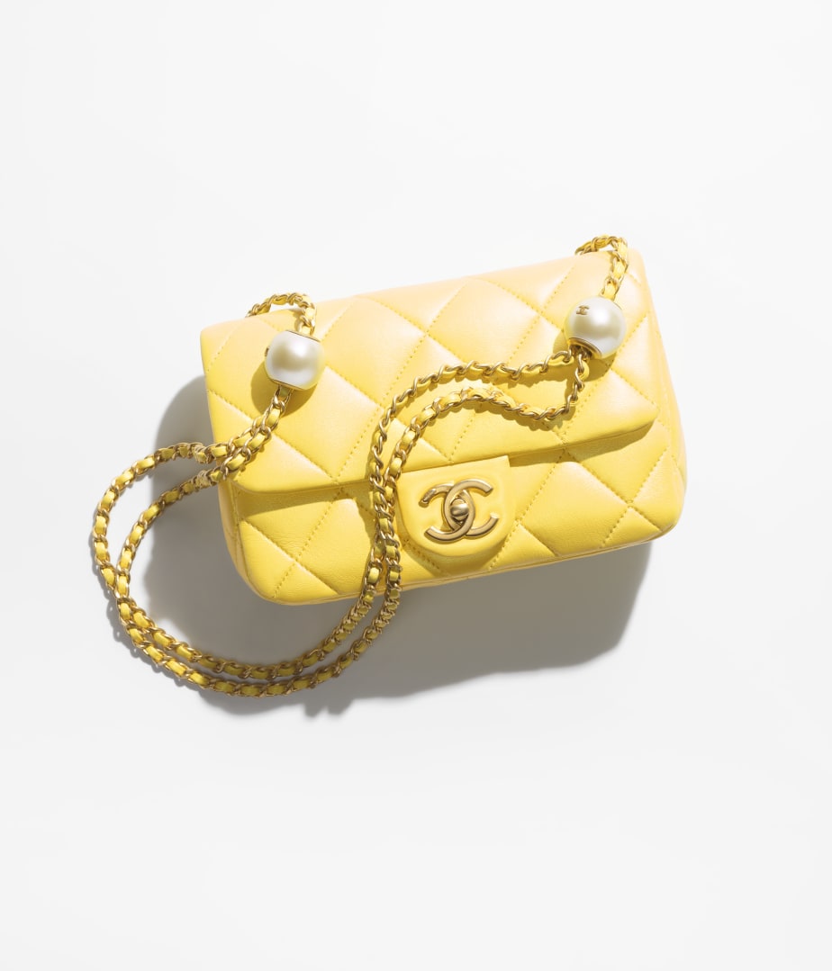 CHANEL SMALL FLAP BAG Pearly Lambskin, Imitation Pearls & Gold-Tone Metal Yellow