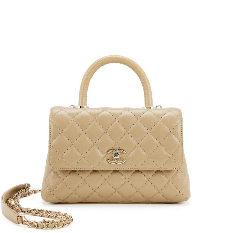 Chanel Beige Quilted Caviar Mini Coco Top Handle Pale Gold Hardware